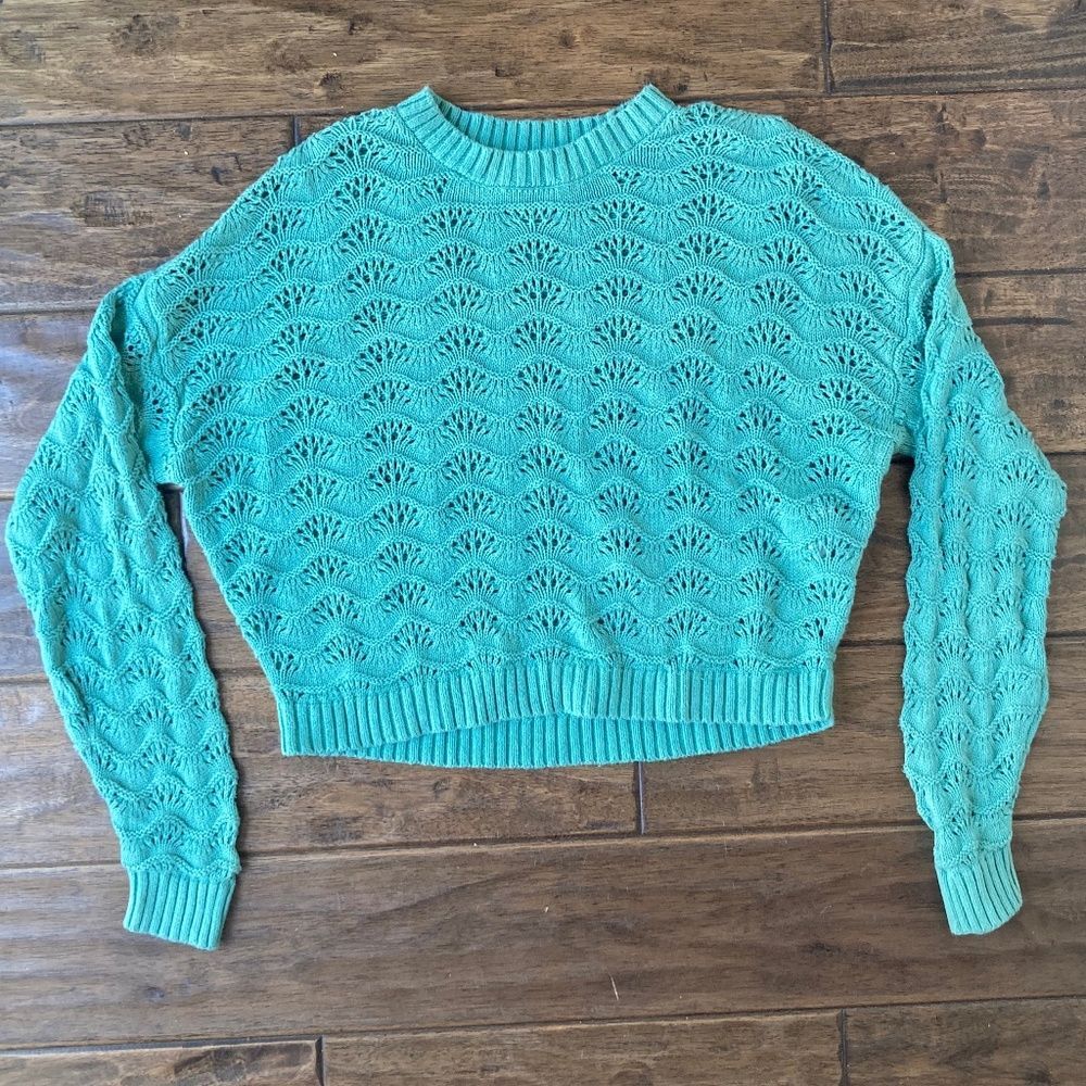 Hollister Womens Small Long Sleeve Crochet Sweater Green 100% Cotton